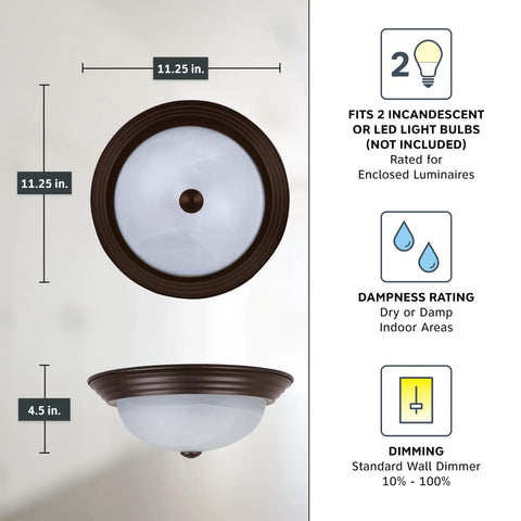 Two Light Flush Mount Ceiling Light With White Alabaster Glass In Oil Rubbed Bronze Finish, 11 Inch Modern Ceiling Fixture