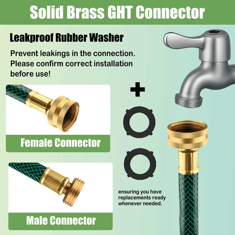 Solid brass GHT connector with female and male ends for Three Foot Leader Hose For Garden Reels And Outdoor Faucets With Flexible PVC.