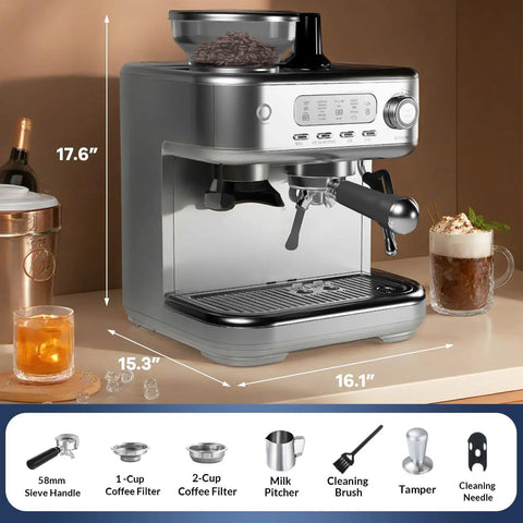 Premium Semi Automatic Espresso Machine With Built In Conical Burr Grinder 15 Bar Pump Pid Temp Control And Steam Wand on kitchen counter.