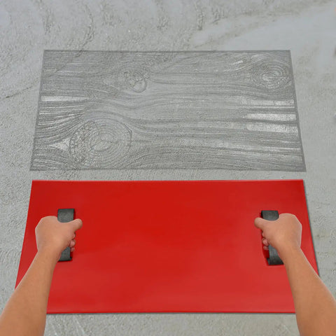 Person using Pro Grade Large Concrete Stamp Mat With Grain Texture Polyurethane Mold For Cement Imprint Easy Release Texturing Tool For Ground Walls And Decorative Surfaces Durable Tear Resistant Wide 27.6 Inch By 13.8 Inch Stamping Area on concrete