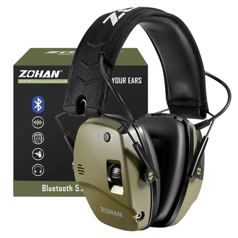 035 Bluetooth 5.4 Shooting Ear Protection Earmuff With Active Noise Canceling And Sound Amplification For Hunting And Range Wireless Tactical Headset In Green displayed with packaging