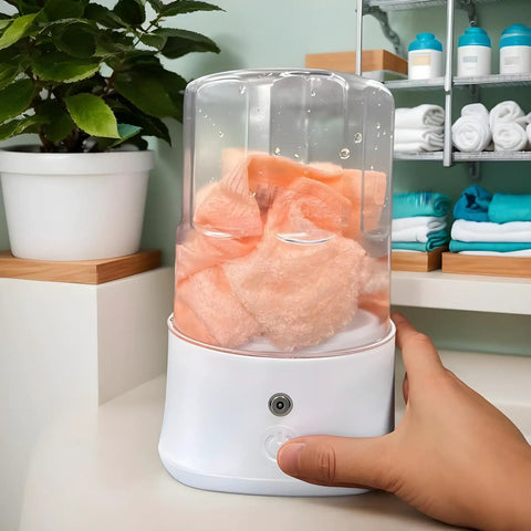 Portable Underwear Washer Mini Compact Laundry Device Built In Rechargeable Battery Perfect For Dorms Apartments And Travel Quick Spin Cycle with towels in container.