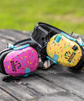 Razor Earmuffs With Sound Amplification, ultra slim ear cups, one size fits most, golden brown sprinkles and purple design.