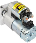 Heavy Duty Mini Starter Built Tough For Gm And Chevy Ls V8 Engines with billet aluminum mount, showcasing motor and connections.