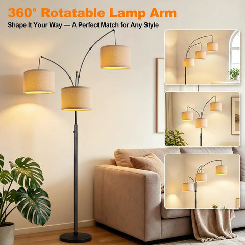 Fully Dimmable Three Light Arc Floor Lamp With Beige Shades in living room next to couch and plant, mid century style