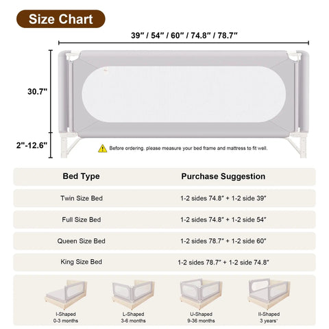 Size chart for Height Adjustable Toddler Bed Rail With Thick Reinforced Guard One Hand Swing Down Safety Bed Rail For King Size Bed 74.8 Inch Easy Nighttime Access And Secure Sleep For Kids