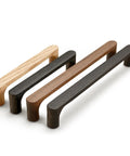 Walnut Round Wooden Drawer Pulls 5 Inch Four Pack for Cabinets and Kitchen Doors, minimalist handles in wood finish, angled view.