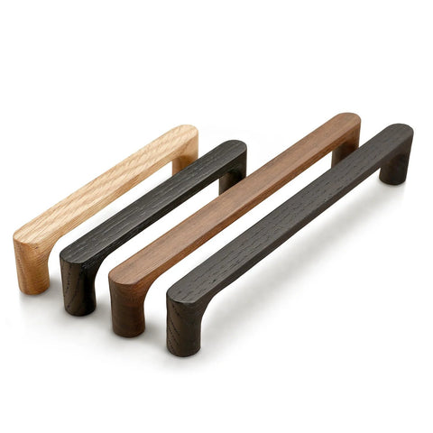 Walnut Round Wooden Drawer Pulls 5 Inch Four Pack for Cabinets and Kitchen Doors, minimalist handles in wood finish, angled view.