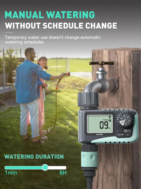 Front view of outdoor Programmable Sprinkler Timer For Garden Hose And Soaker Hose, digital display, with couple in background.