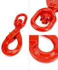 Close-up of Rock Solid Grade 80 Drop Forged Steel Swivel Self Locking Safety Hook 2 Pack with bright red finish.
