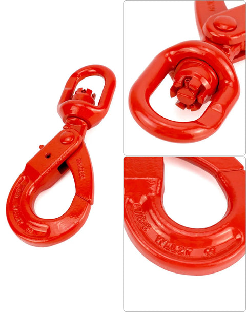 Close-up of Rock Solid Grade 80 Drop Forged Steel Swivel Self Locking Safety Hook 2 Pack with bright red finish.