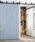 Sliding Barn Door Hardware Kit Black For 5.5 Foot Ceiling Mount With L Shaped Bracket System installed on interior single door
