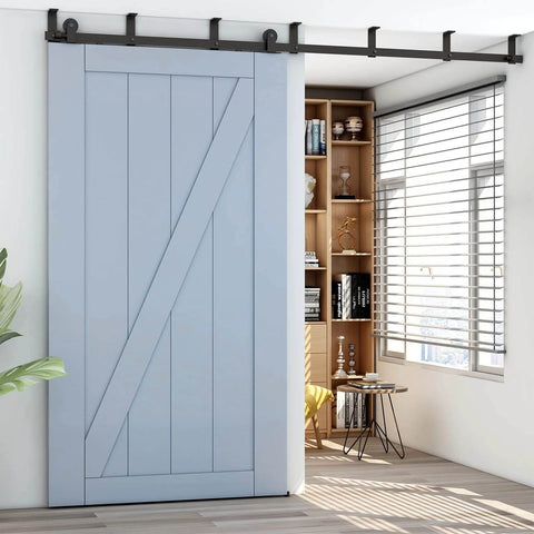 Sliding Barn Door Hardware Kit Black For 5.5 Foot Ceiling Mount With L Shaped Bracket System installed on interior single door