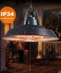 Infrared Outdoor Patio Heater For Deck And Gazebo 1500W Ceiling Mounted Or Hanging Carbon Fiber Radiant Heat That Cranks Up In Seconds IP34 Weatherproof For Garage Shop Patio And Covered Areas in use, showing warm glow in rainy condition.