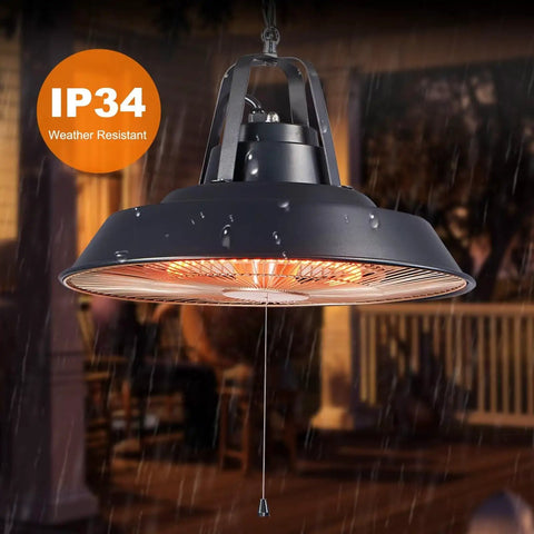 Infrared Outdoor Patio Heater For Deck And Gazebo 1500W Ceiling Mounted Or Hanging Carbon Fiber Radiant Heat That Cranks Up In Seconds IP34 Weatherproof For Garage Shop Patio And Covered Areas in use, showing warm glow in rainy condition.
