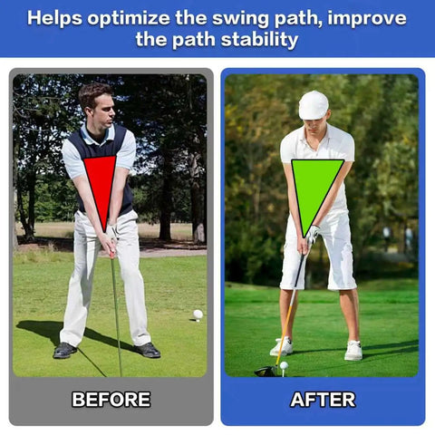 Golf Swing Training Ball With Forearm Connection And Correction Band showing before and after swing path improvement