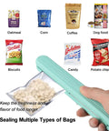 Portable Handheld Heat Sealer For Food Plastic Bags And Mylar Aluminum Foil Packaging Quick Warm Up Resealing Tool in use with snacks.