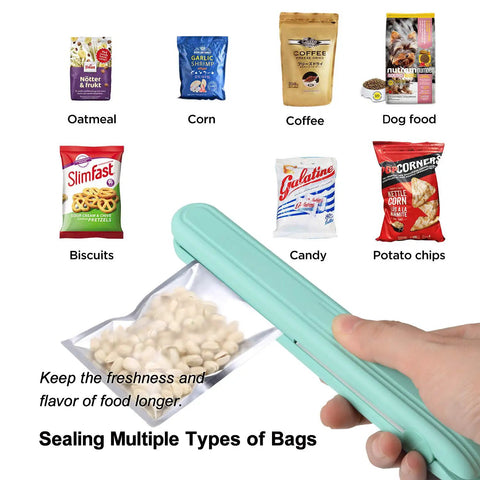 Portable Handheld Heat Sealer For Food Plastic Bags And Mylar Aluminum Foil Packaging Quick Warm Up Resealing Tool in use with snacks.