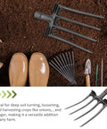 Heavy Duty 11 Inch Four Prong Steel Pitch Fork Replacement Head For Soil Loosening And Ground Prep, with soil and tools