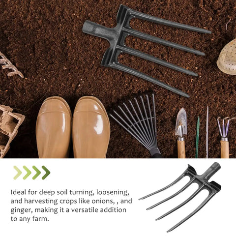 Heavy Duty 11 Inch Four Prong Steel Pitch Fork Replacement Head For Soil Loosening And Ground Prep, with soil and tools