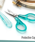 Curved And Straight Craft Scissors Set For Embroidery And Sewing, Multipurpose Stainless Steel With Protective Covers, Green And Purple Handles, Ideal For Paper Cutting, Detailing, And DIY Craft Projects, teal-handled pair with caps