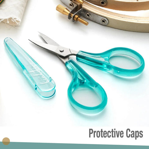 Curved And Straight Craft Scissors Set For Embroidery And Sewing, Multipurpose Stainless Steel With Protective Covers, Green And Purple Handles, Ideal For Paper Cutting, Detailing, And DIY Craft Projects, teal-handled pair with caps