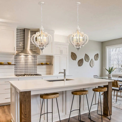White French Country Five Light Chandelier With Antique Distressed Wood Cozy Farmhouse Rustic Pendant Light for stylish kitchen decor.