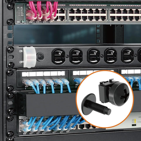 Rock Solid Heavy Duty 50 Pack Rack Mount Screws And Cage Nuts Kit With Washers For Server Cabinets Network Racks and Carbon Steel 10-32 Thread Fastener Set in network cabinet.