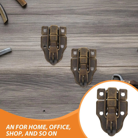 Retro Iron Hasp Toggle Latch for Jewelry Box Cabinet 12 Pack Antique Chest Catch Hardware For Wood Treasure Trunk shown on a wooden surface.