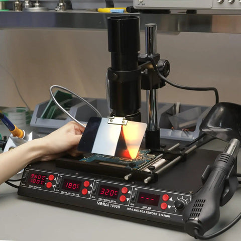 4 in 1 Pro Grade Infrared BGA Soldering Station With Preheater, Hot Air Rework, and Soldering Iron in use on electronics project