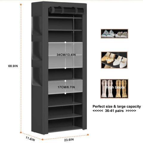 Tall Black 10 Tier Shoe Rack With Six Large Side Pockets 23.6 Inch Wide 11.4 Inch Deep 68.9 Inch Tall Holds 36 To 41 Pairs Of Shoes