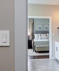 Diva Style Smart Dimmer Switch With No Neutral Required For Easy Glow Up On Any Circuit Syncs Flawlessly With Alexa Google And Siri Requires Smart Hub For Full Control Of Your Cozy Illumination Setup mounted on a wall in a modern bedroom setting.