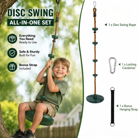 Child on outdoor climbing rope with platform and disc swing seat set for trees and backyards, hanging strap and carabiner shown
