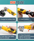 VlOXO Electric Rotary Fabric Cutter With Lightning Fast 2000Rpm Blade instructional guide for battery charging and operation steps.
