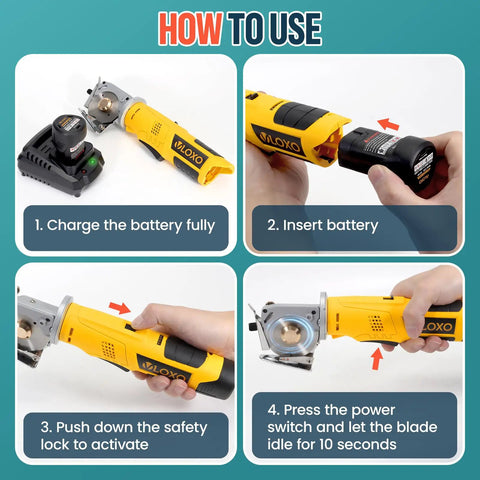 VlOXO Electric Rotary Fabric Cutter With Lightning Fast 2000Rpm Blade instructional guide for battery charging and operation steps.
