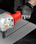 Top Tier 16 Gauge Sheet Metal Cutter With Powerful Brushless Motor Spinning At 1900Rpm, cutting stainless steel with precision.
