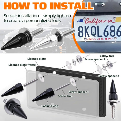 Hella Tough Aluminum Alloy Spiked License Plate Screws Kit Includes Nuts And Washers Bold Anti Theft Bolts installation guide with parts