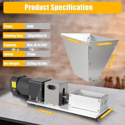 Real Workhorse Electric Grain Grinder With Four Detachable Hoppers, Heavy Duty Countertop Mill dimensions and specifications.