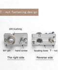 Aluminum Extrusion Drill Guide And Tap Jig For 2020 And 2040 European Profiles M4 M5 M6 And M10 Drill Holes And Tapping Access Bushing showing right and reverse sides with labeled parts.