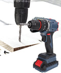 Heavy Duty Cordless Drill Kit Bad Boy with 1500 RPM and 25 Torque Settings for effortless drilling into wood.