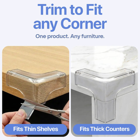 Knockout Baby Proofing Corner Guards And Edge Protective Tape 16 Feet Clear Cabinet Safety Strip With Four Rounded Corner Caps, fits thin and thick furniture corners.