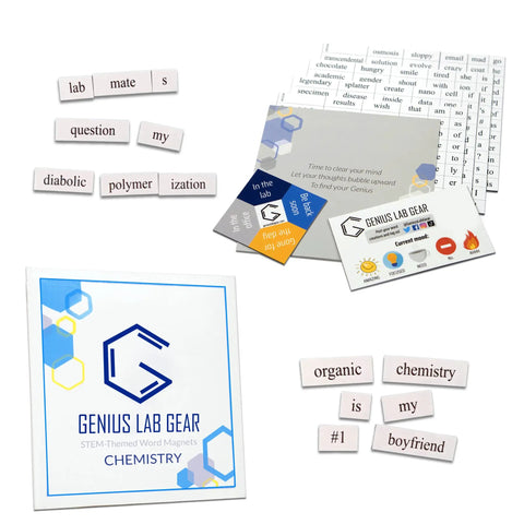Word Magnet Kit For Science Nerds And Pros, Hilarious Poems And Prose For College To PhD, packaging and magnet tiles display