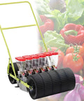 Hand Push Garden Seeder With Adjustable Row Spacing And Depth, 6 Row Manual Seed Planter for gardens shown by vegetables backdrop