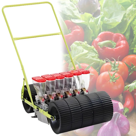 Hand Push Garden Seeder With Adjustable Row Spacing And Depth, 6 Row Manual Seed Planter for gardens shown by vegetables backdrop