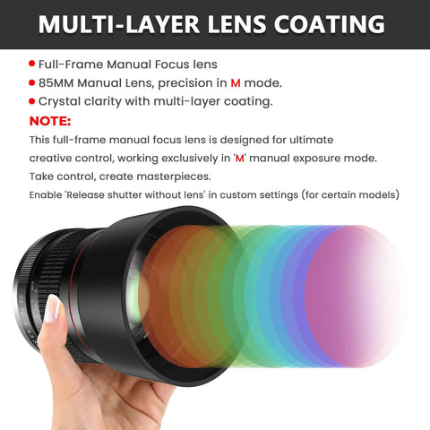 85mm F1.8 Portrait Manual Focus Lens For EF/EF-S Mount DSLRs No Autofocus Creamy Bokeh Sharp Detail Easy Manual Control Lens Coating
