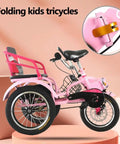 Pink Foldable Three Wheel Tricycle Cruiser With Back Seat, Front Disc Brake, High Carbon Steel Frame, for kids