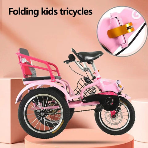 Pink Foldable Three Wheel Tricycle Cruiser With Back Seat, Front Disc Brake, High Carbon Steel Frame, for kids