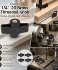 Four Pack Quarter Twenty Thru Knobs For T Track Woodworking Jigs Featuring Heavy Duty Ergonomic Wing Nuts And Rust Proof Steel Hardware for diverse setups.