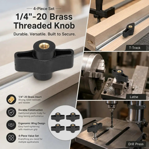 Four Pack Quarter Twenty Thru Knobs For T Track Woodworking Jigs Featuring Heavy Duty Ergonomic Wing Nuts And Rust Proof Steel Hardware for diverse setups.