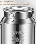 Close-up of Heavy Duty 304 Stainless Steel Milk Can And Beverage Dispenser with tight sealing buckle for freshness.
